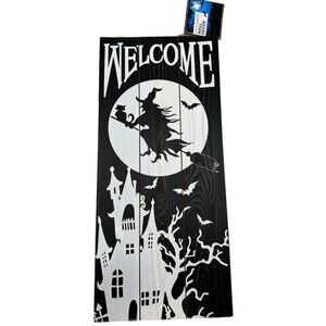 Halloween wall decor welcome wood sign witch haunted house moon black READ NEW